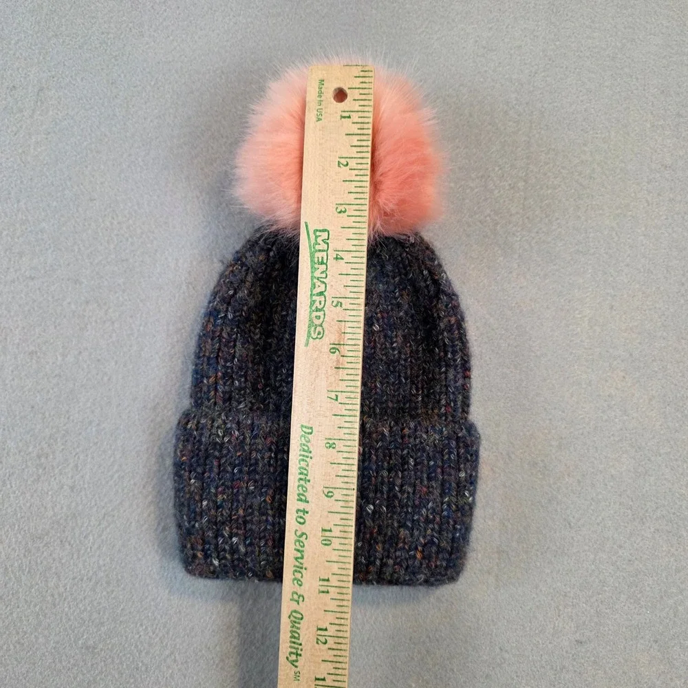 Norla Canada Womens Blue Marled Wool Blend Ribbed Knit Beanie Peach Pom Pom Hat